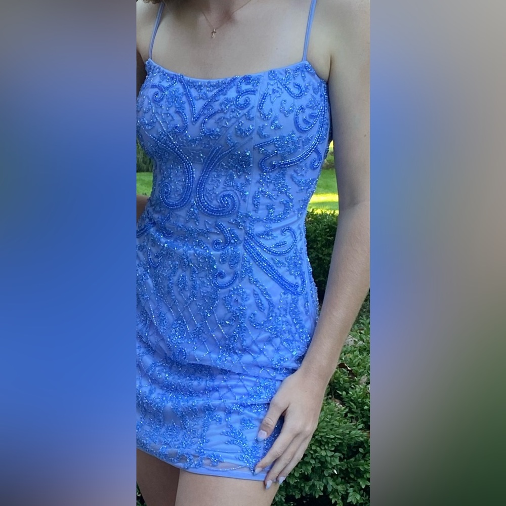 Alyce Paris beaded dress, size 2, iris blue, worn once, Excellent condition